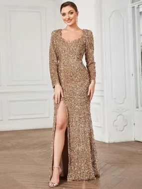 Sweetheart Long Sleeve Sequin Front Slit Bodycon Evening Dress