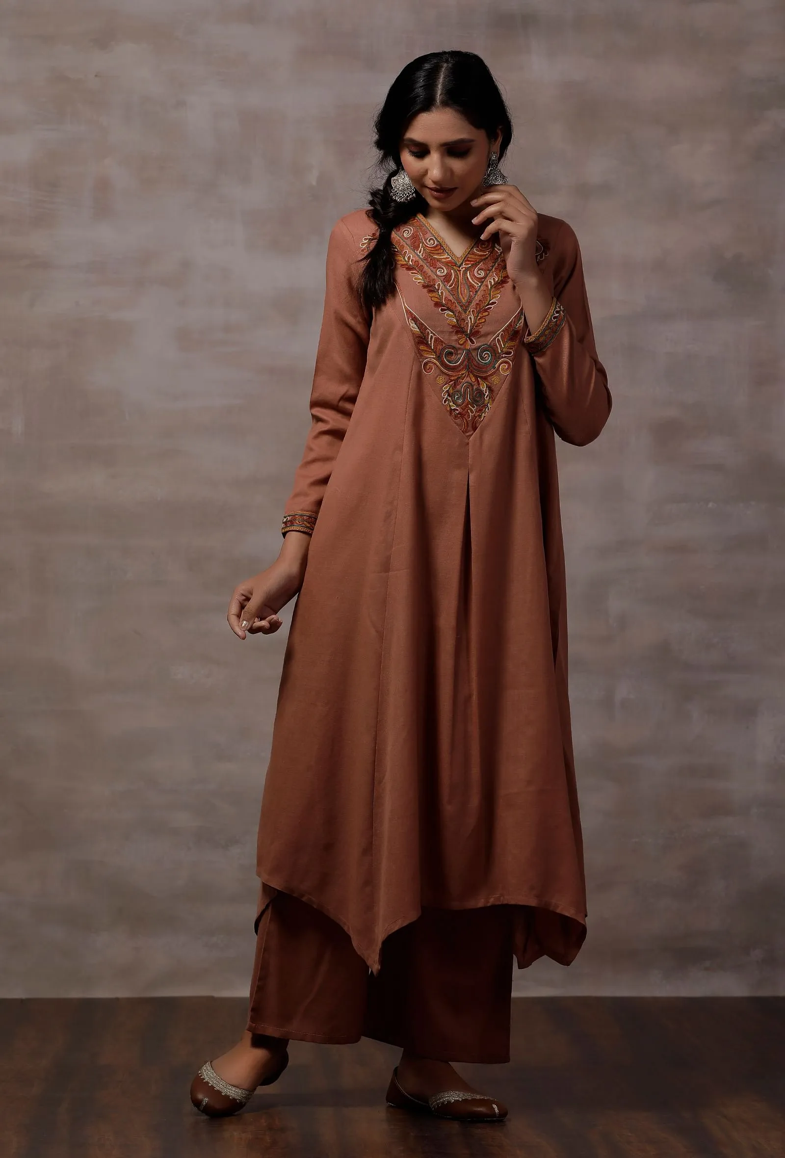 Tara Taupe Asymmetrical Woollen Kurta