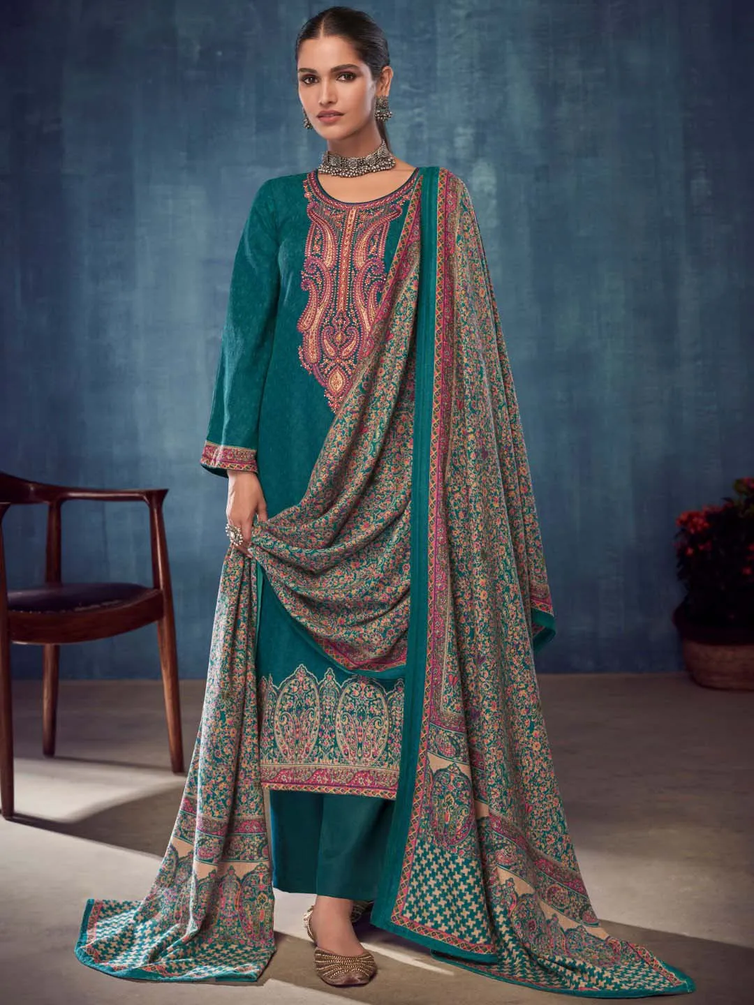 Teal Pashmina Twill Embroidered Unstitched Winter Suits