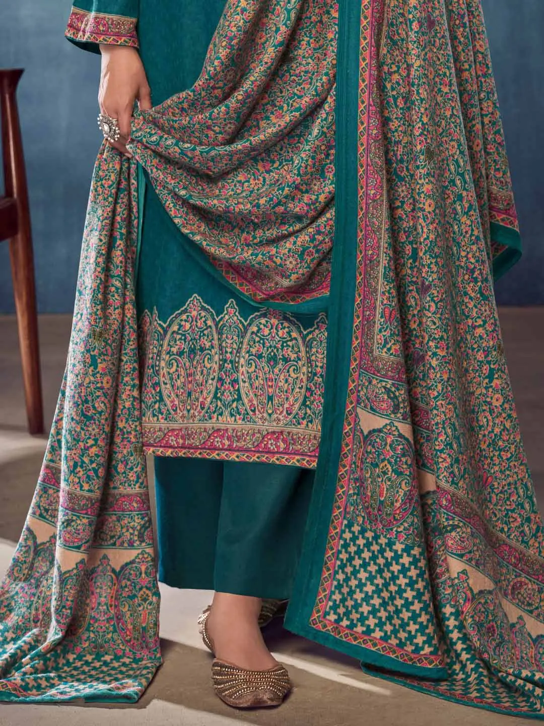 Teal Pashmina Twill Embroidered Unstitched Winter Suits