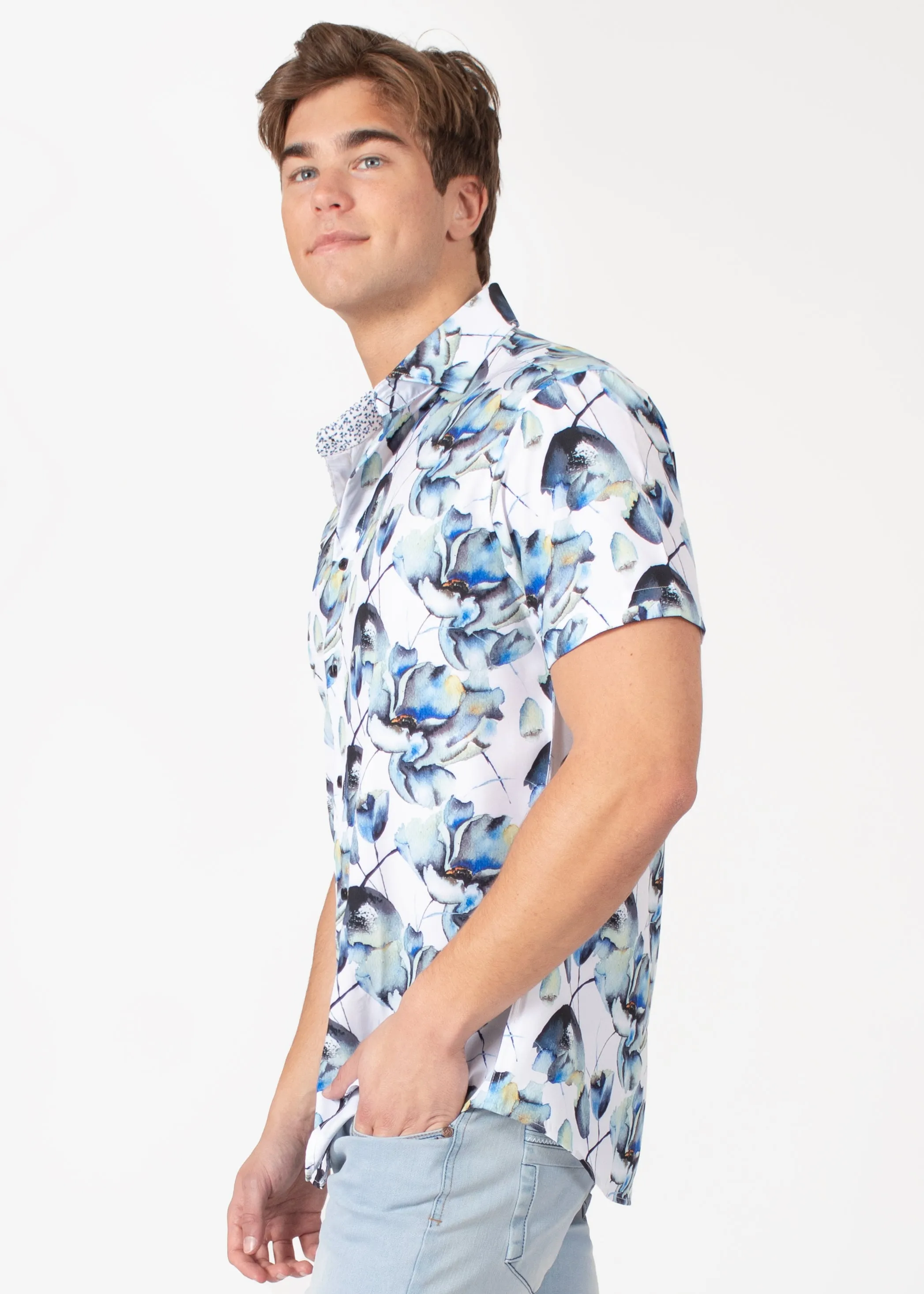 Tropical Feather Button Up Short Sleeve Dress Shirt