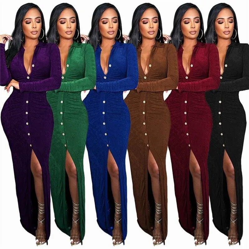 Turn-down Collar Button Split Bodycon Maxi Dress