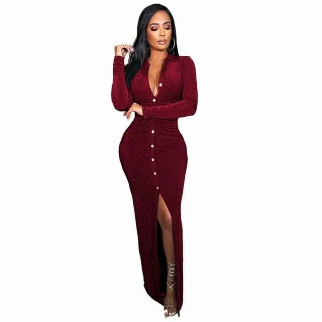 Turn-down Collar Button Split Bodycon Maxi Dress