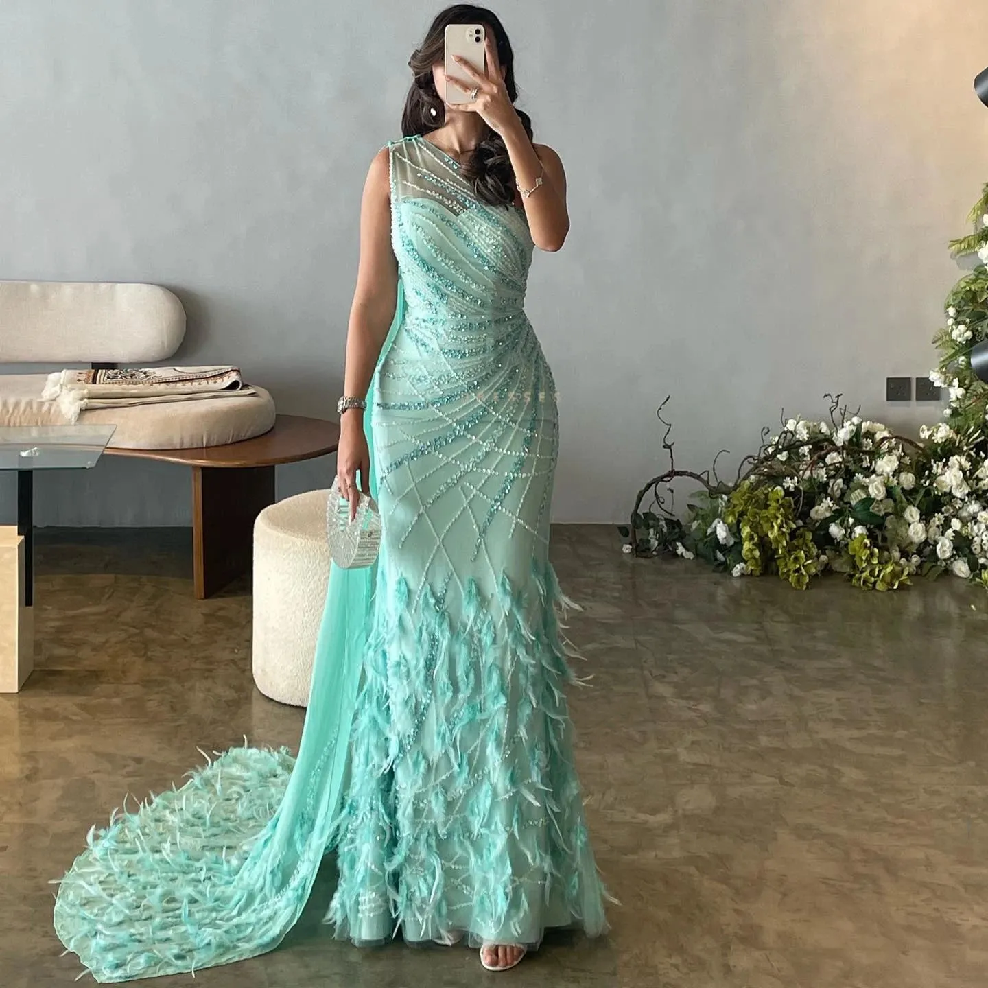 Turquoise Mermaid Evening Gown with Feather Cape