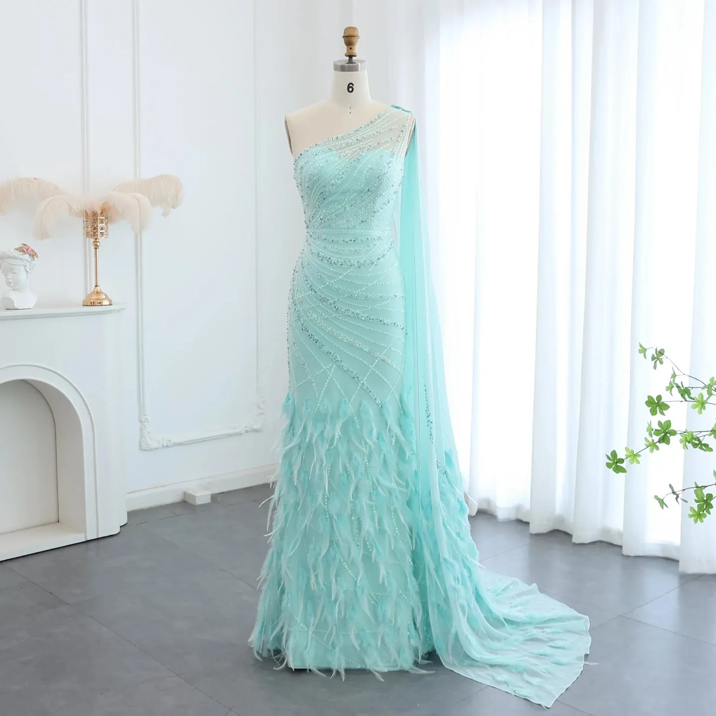 Turquoise Mermaid Evening Gown with Feather Cape