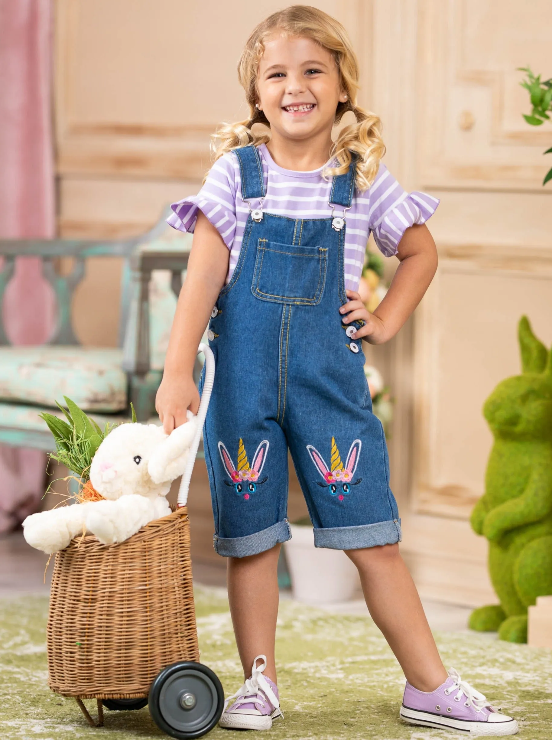 Unicorn Bunny Denim Overall Capris Set