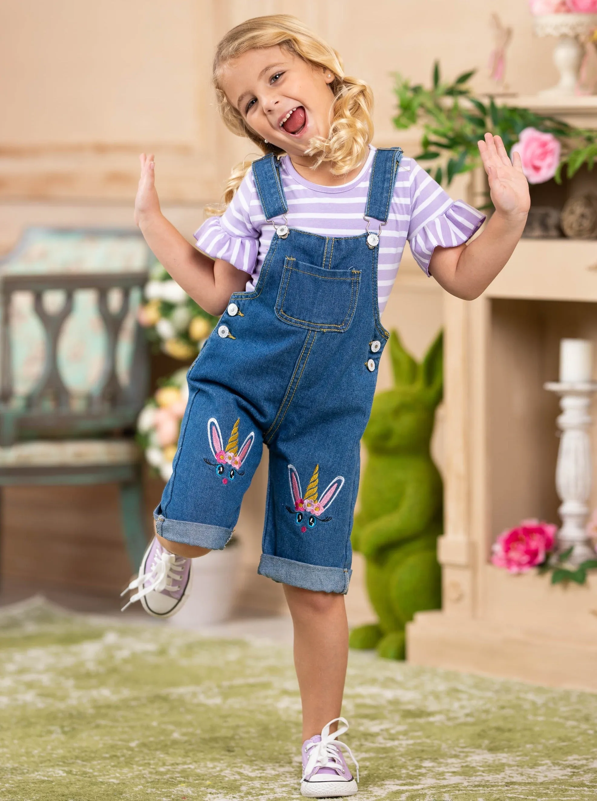 Unicorn Bunny Denim Overall Capris Set