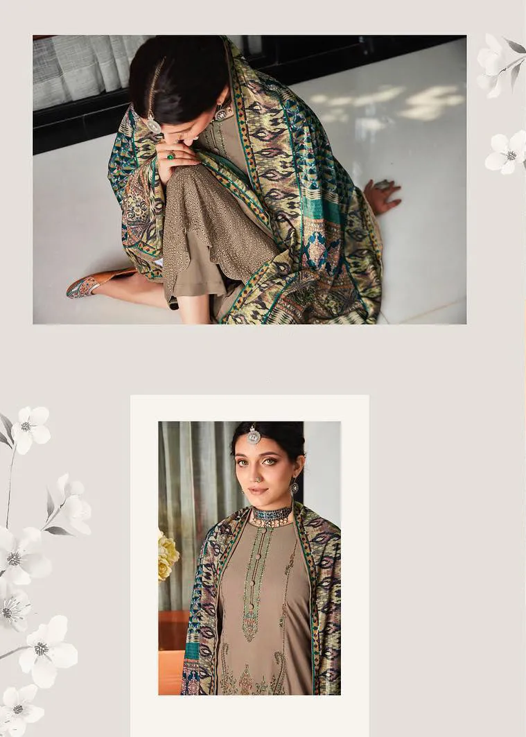 Unstitched Pure Staple Pashmina Embroidered brown Winter Suits with Velvet Dupatta