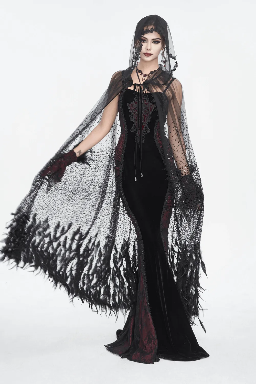 US SALE of Glamorous Black Sequin Feather Cape With Hood