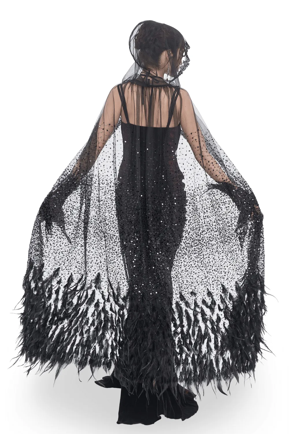 US SALE of Glamorous Black Sequin Feather Cape With Hood