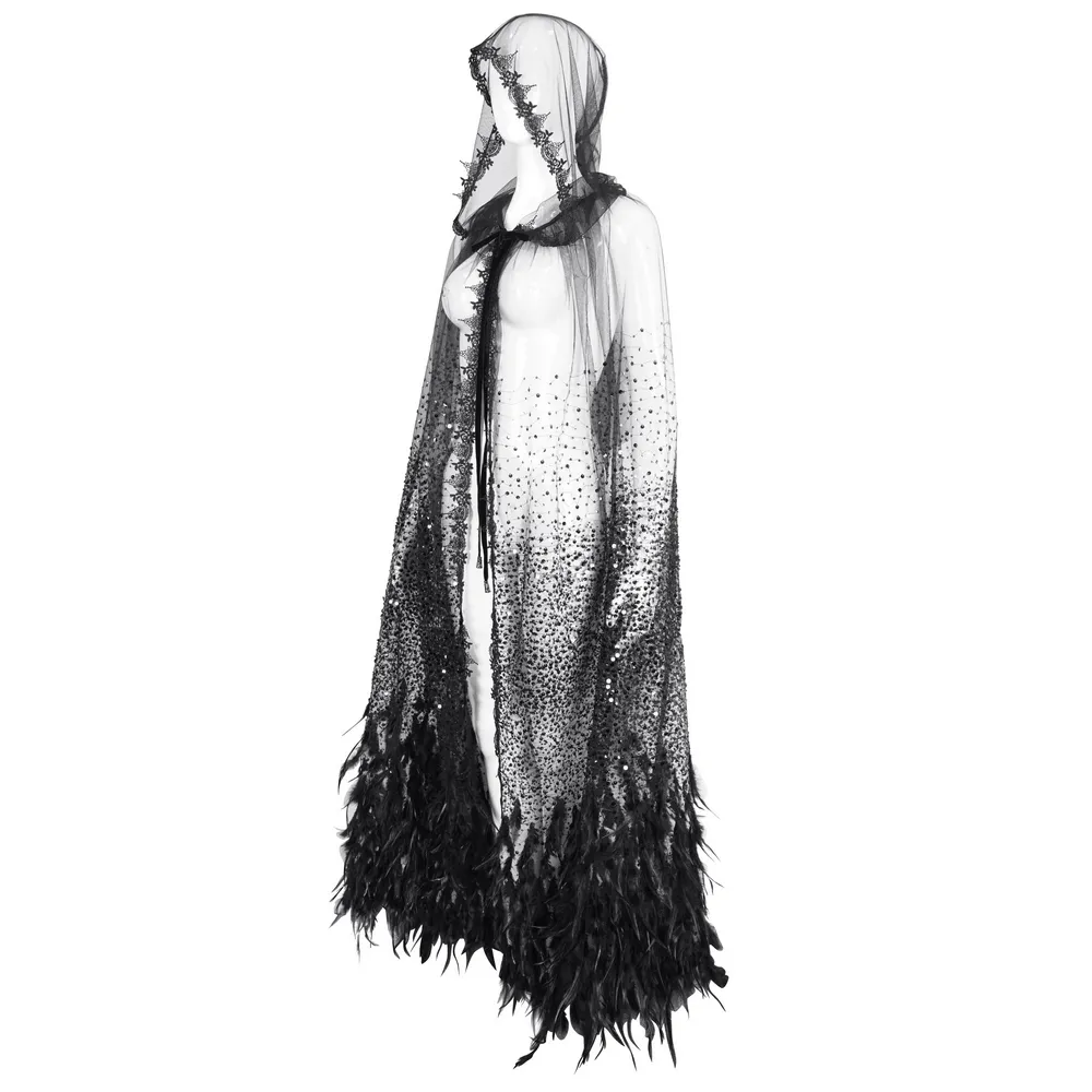 US SALE of Glamorous Black Sequin Feather Cape With Hood