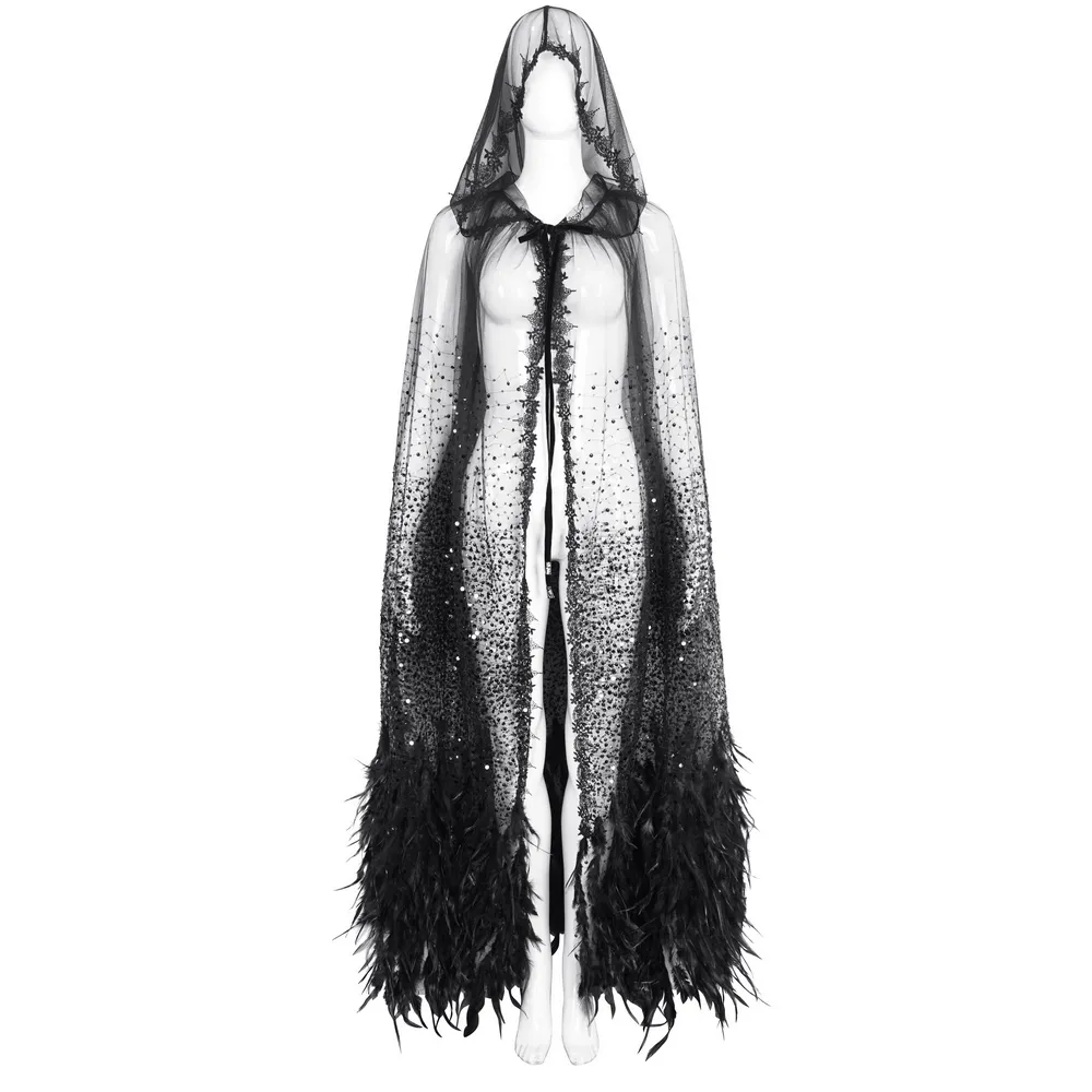 US SALE of Glamorous Black Sequin Feather Cape With Hood