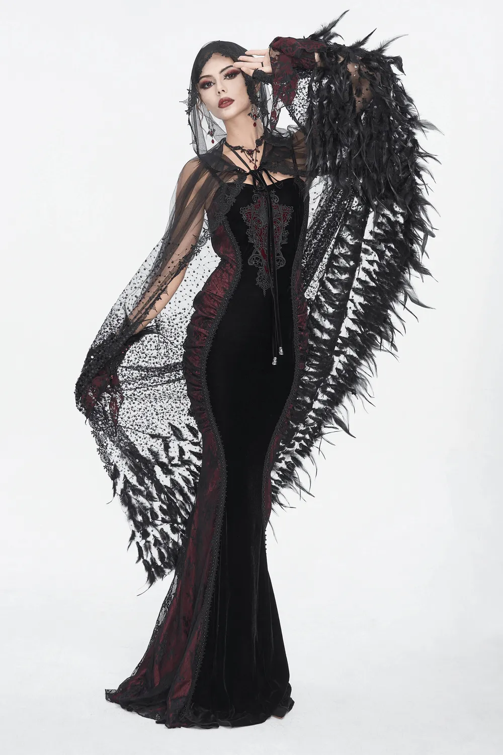 US SALE of Glamorous Black Sequin Feather Cape With Hood