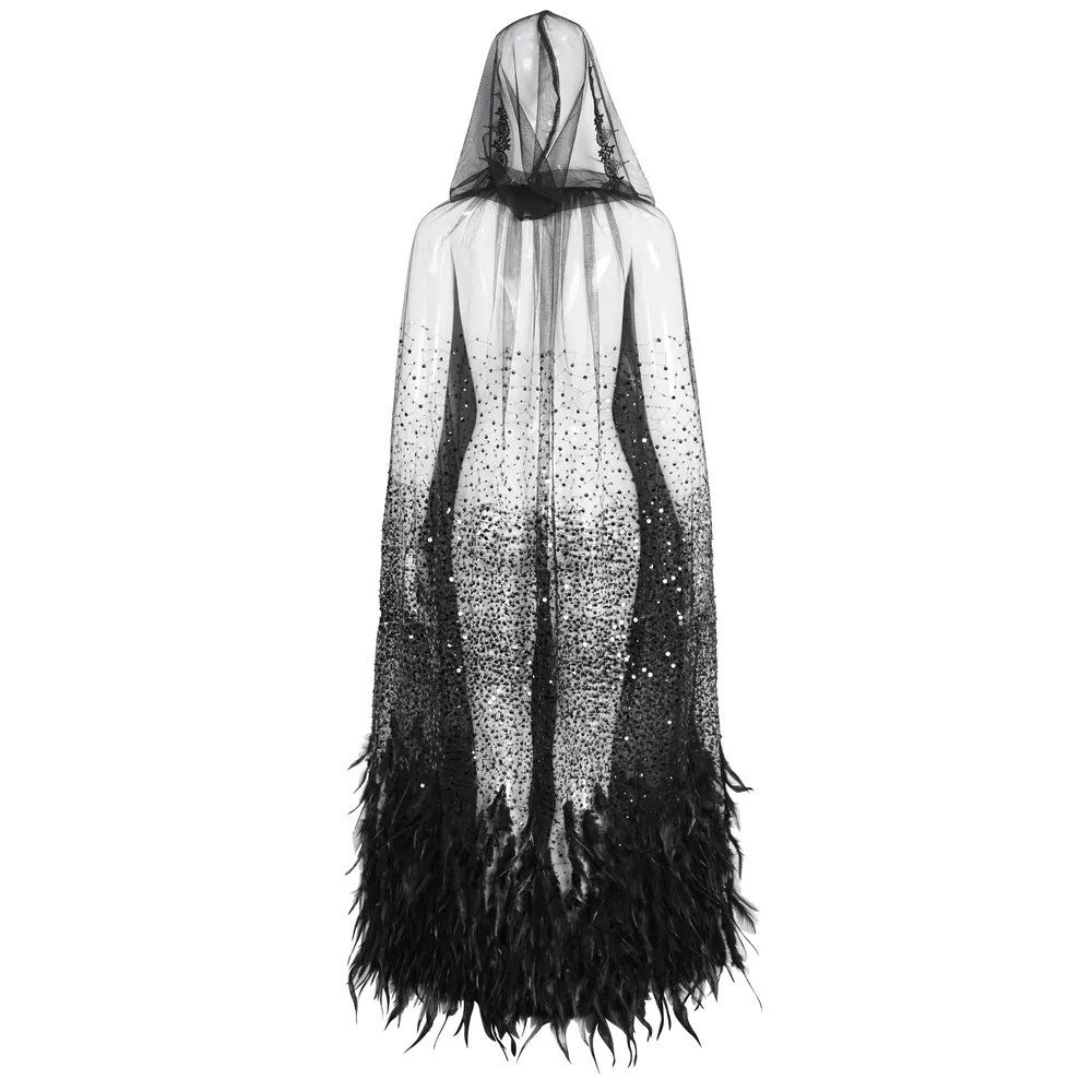 US SALE of Glamorous Black Sequin Feather Cape With Hood