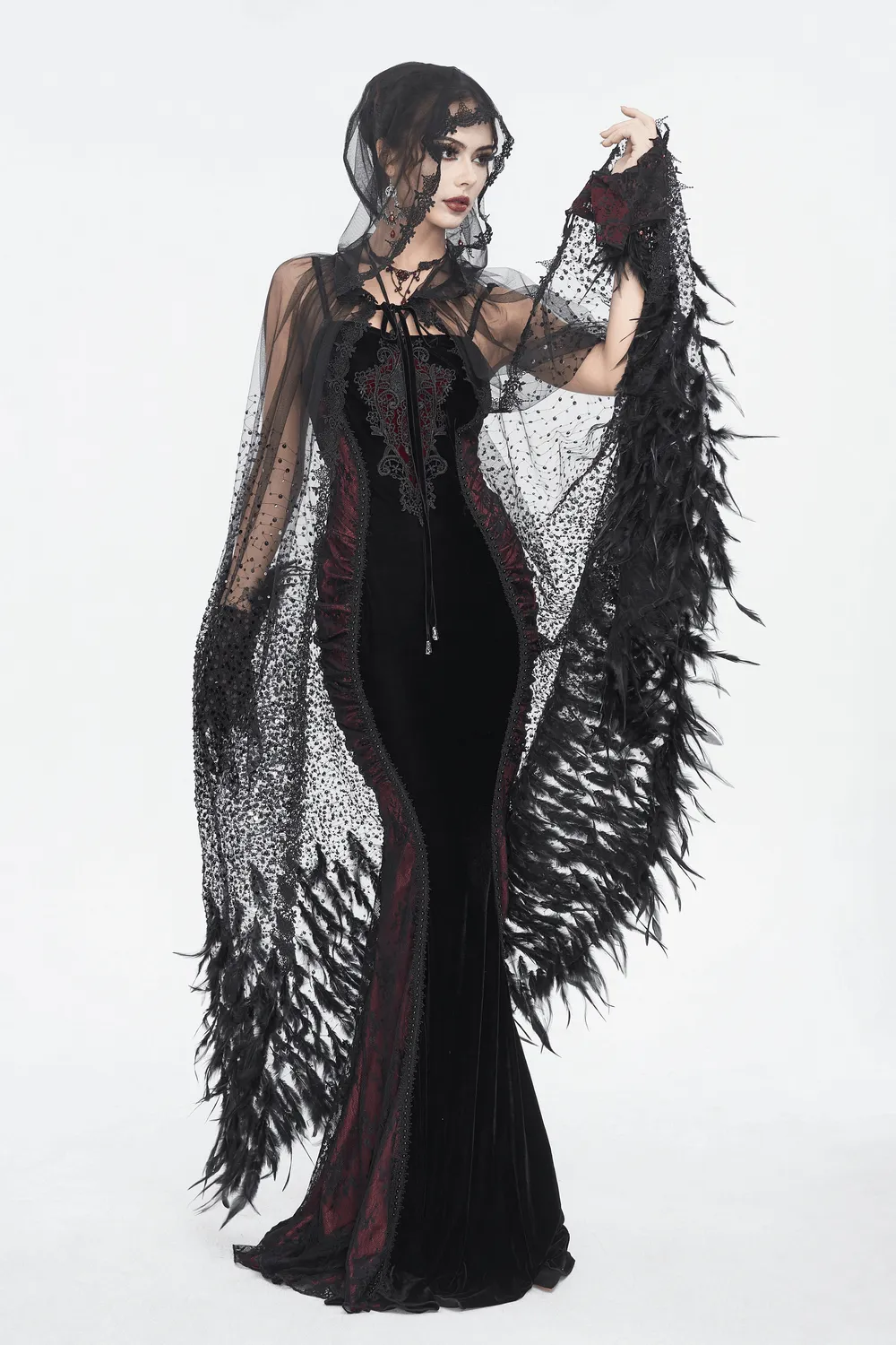 US SALE of Glamorous Black Sequin Feather Cape With Hood