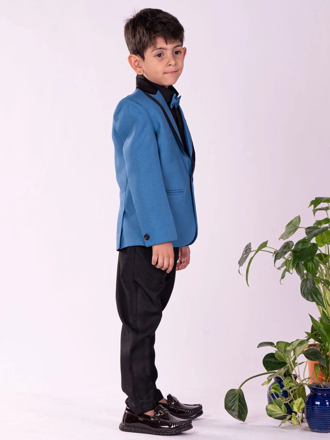 VASTRAMAY Boys' Black And Turquoise Shirt Blazer And Pant