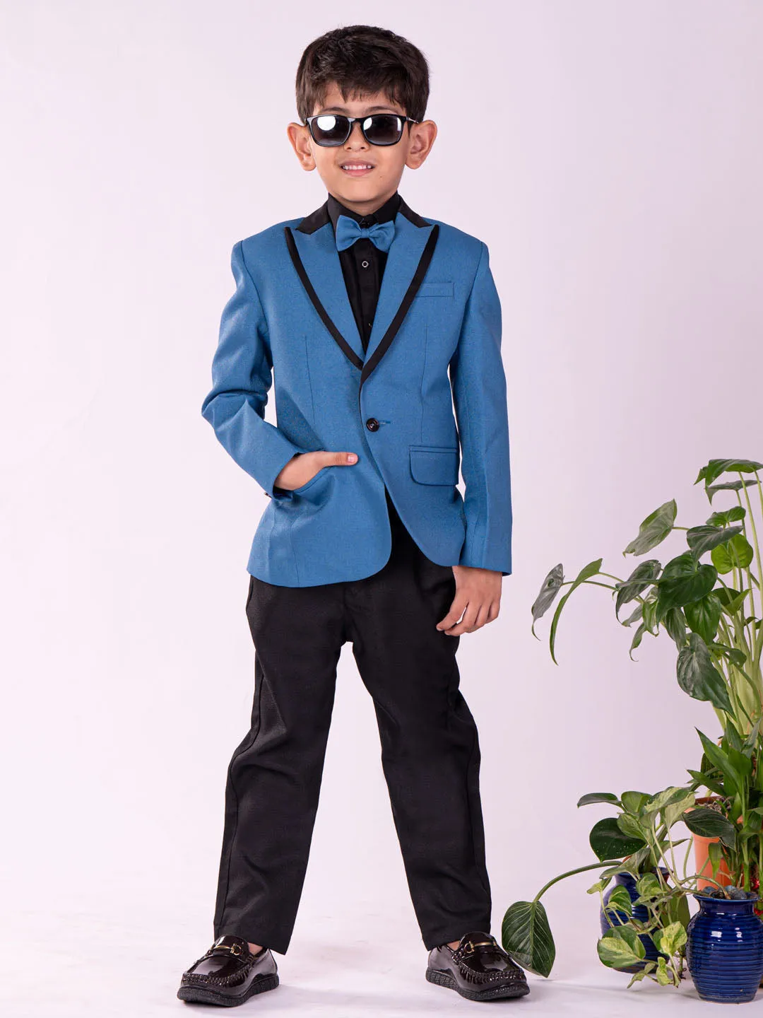 VASTRAMAY Boys' Black And Turquoise Shirt Blazer And Pant