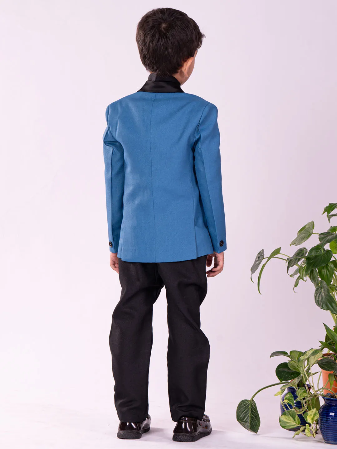 VASTRAMAY Boys' Black And Turquoise Shirt Blazer And Pant