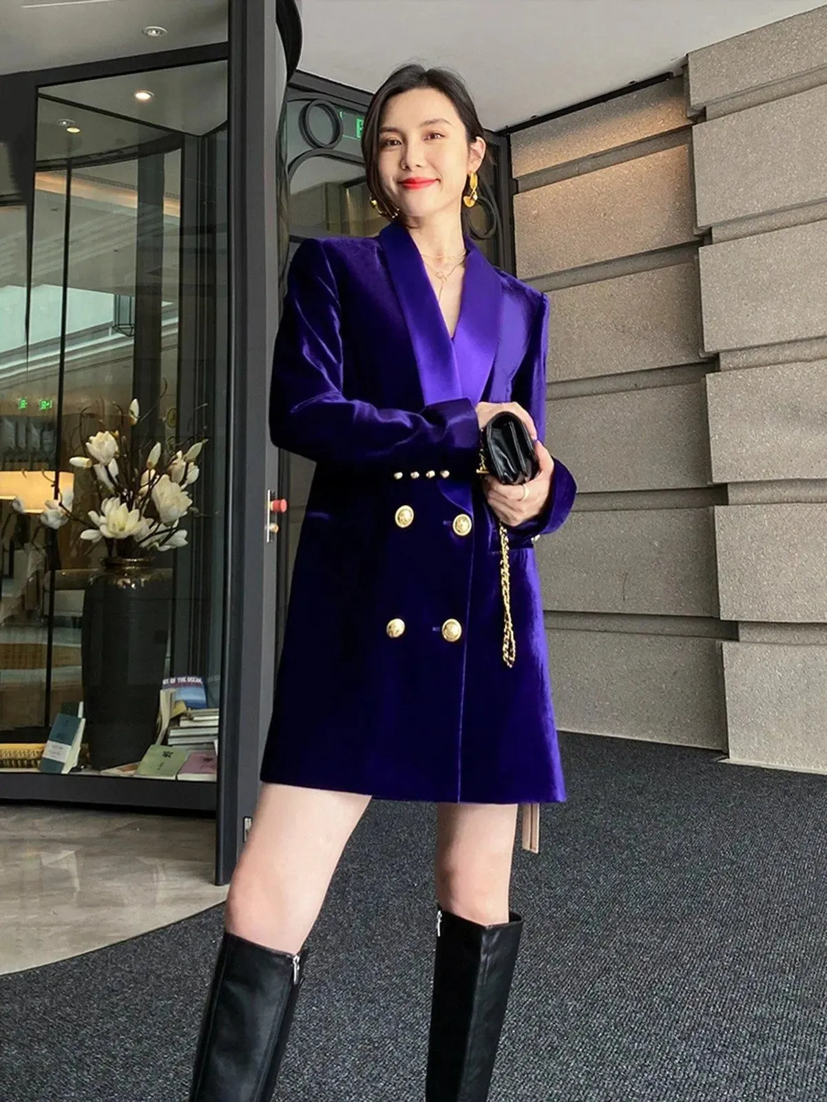 Velvet Double Breasted Thigh-Length Jacket