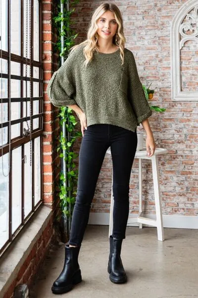 Veveret Round Neck Roll-Up Sweater