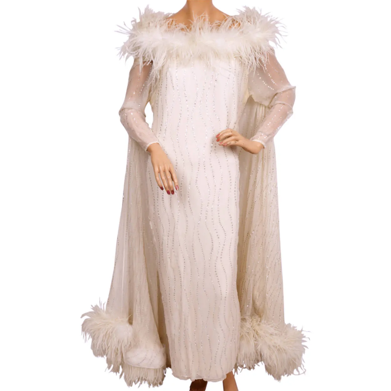 Vintage 1960s White Chiffon Evening Gown with Ostrich Feather Trim and Silver Sparkles