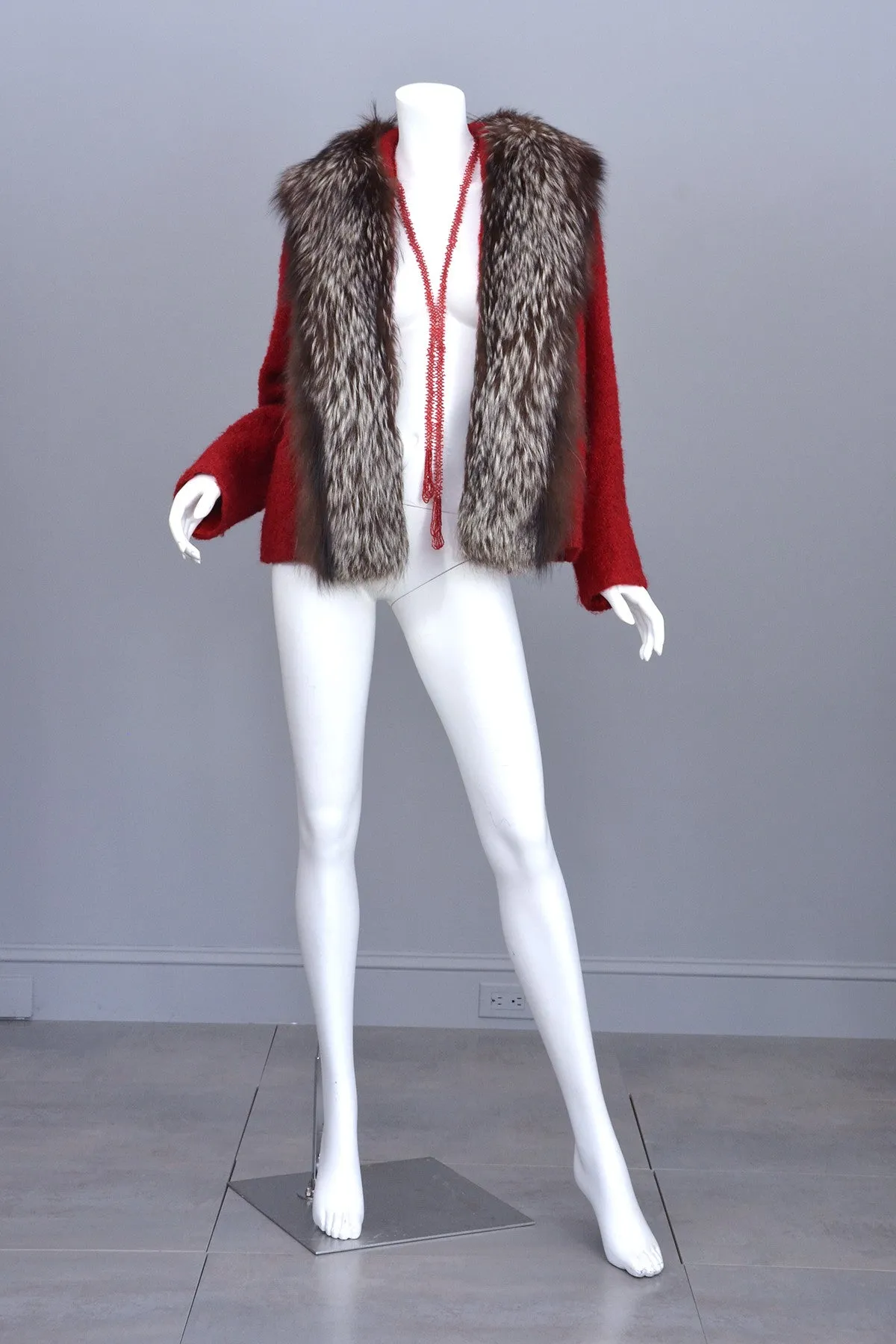 Vintage 60s Silver Tipped Fox Fur Trim Cranberry Red Boucle Jacket