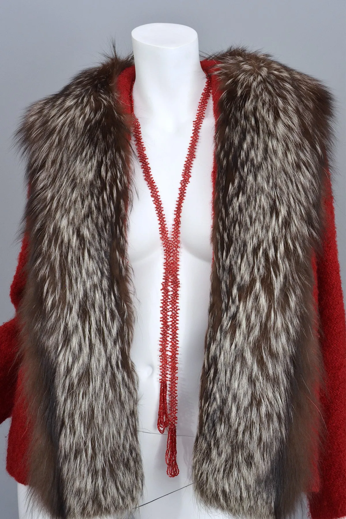 Vintage 60s Silver Tipped Fox Fur Trim Cranberry Red Boucle Jacket