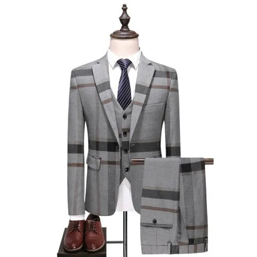 Voguable Men's Wedding Plaid Blue Gray Blazers Jacket Pants Vest 3 Pcs Set  202 Slim Fit Business Tuxedo Dress Classic Formal Suits Coat