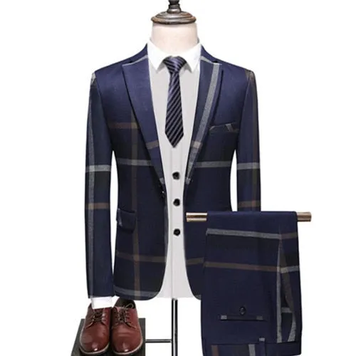 Voguable Men's Wedding Plaid Blue Gray Blazers Jacket Pants Vest 3 Pcs Set  202 Slim Fit Business Tuxedo Dress Classic Formal Suits Coat