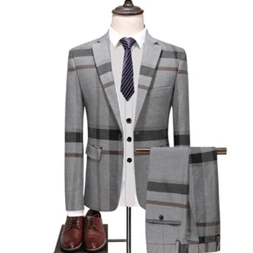 Voguable Men's Wedding Plaid Blue Gray Blazers Jacket Pants Vest 3 Pcs Set  202 Slim Fit Business Tuxedo Dress Classic Formal Suits Coat