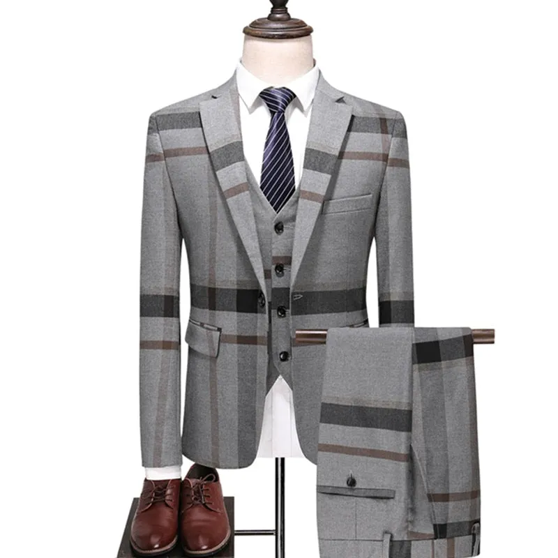 Voguable Men's Wedding Plaid Blue Gray Blazers Jacket Pants Vest 3 Pcs Set  202 Slim Fit Business Tuxedo Dress Classic Formal Suits Coat