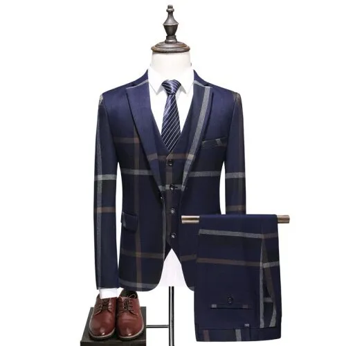 Voguable Men's Wedding Plaid Blue Gray Blazers Jacket Pants Vest 3 Pcs Set  202 Slim Fit Business Tuxedo Dress Classic Formal Suits Coat