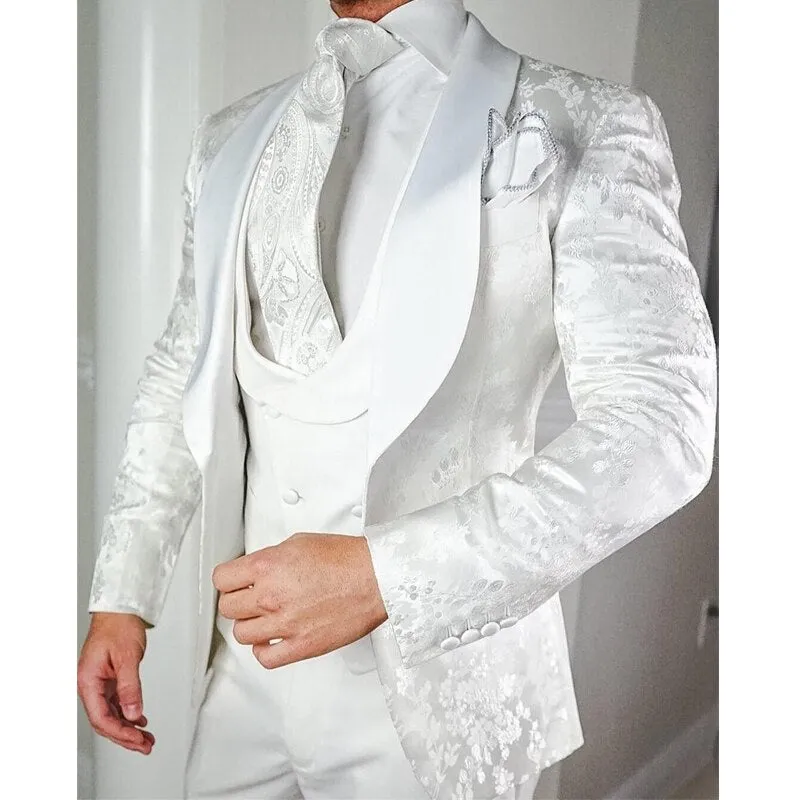 Voguable White Floral Wedding Tuxedo for Groom 3 Pieces Slim Fit Men Suits with Satin Shawl Lapel Custom Male Fashion Costume Jacket Vest