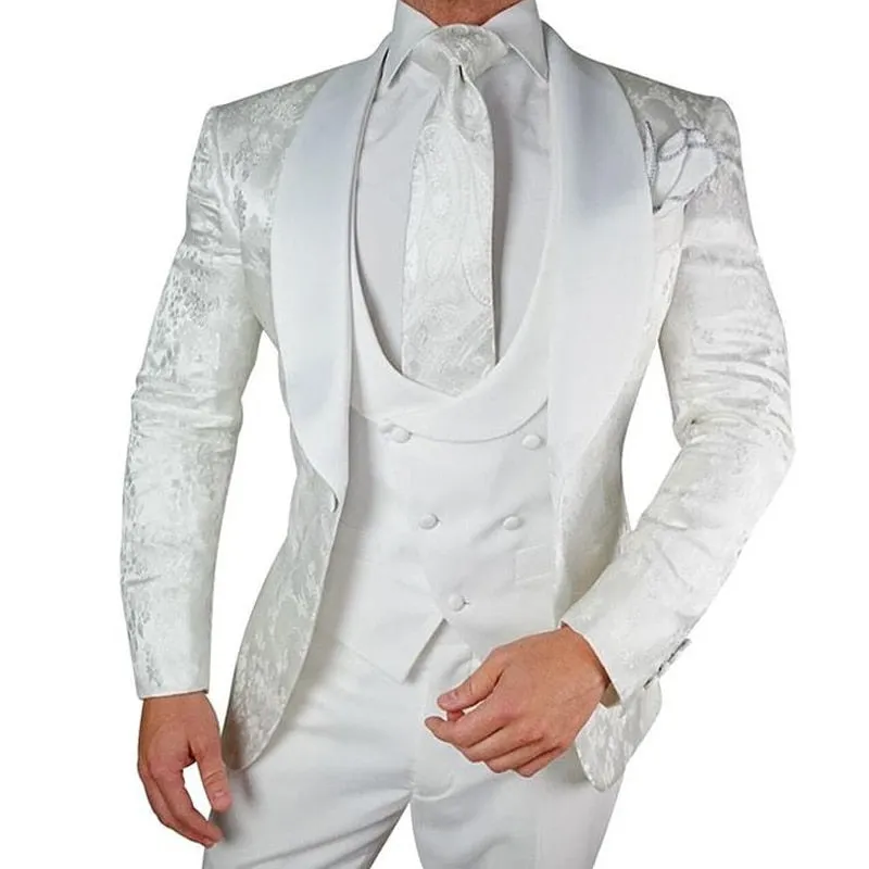 Voguable White Floral Wedding Tuxedo for Groom 3 Pieces Slim Fit Men Suits with Satin Shawl Lapel Custom Male Fashion Costume Jacket Vest