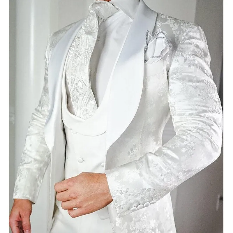 Voguable White Floral Wedding Tuxedo for Groom 3 Pieces Slim Fit Men Suits with Satin Shawl Lapel Custom Male Fashion Costume Jacket Vest