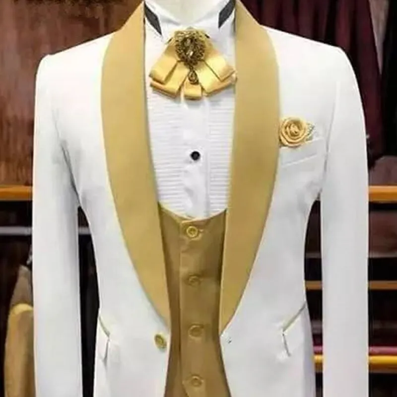 Voguable White Wedding Tuxedo for Groom with Gold Shawl Lapel 3 Piece Custom Slim Fit Men Suits Set Jacket Vest Pant Male Fashion Clothes