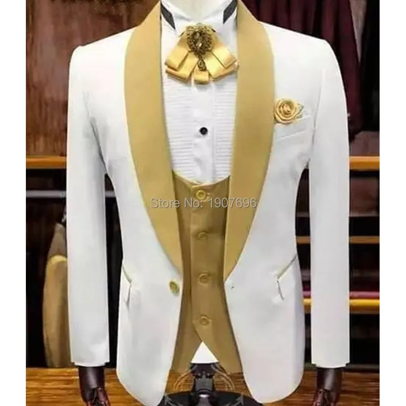 Voguable White Wedding Tuxedo for Groom with Gold Shawl Lapel 3 Piece Custom Slim Fit Men Suits Set Jacket Vest Pant Male Fashion Clothes