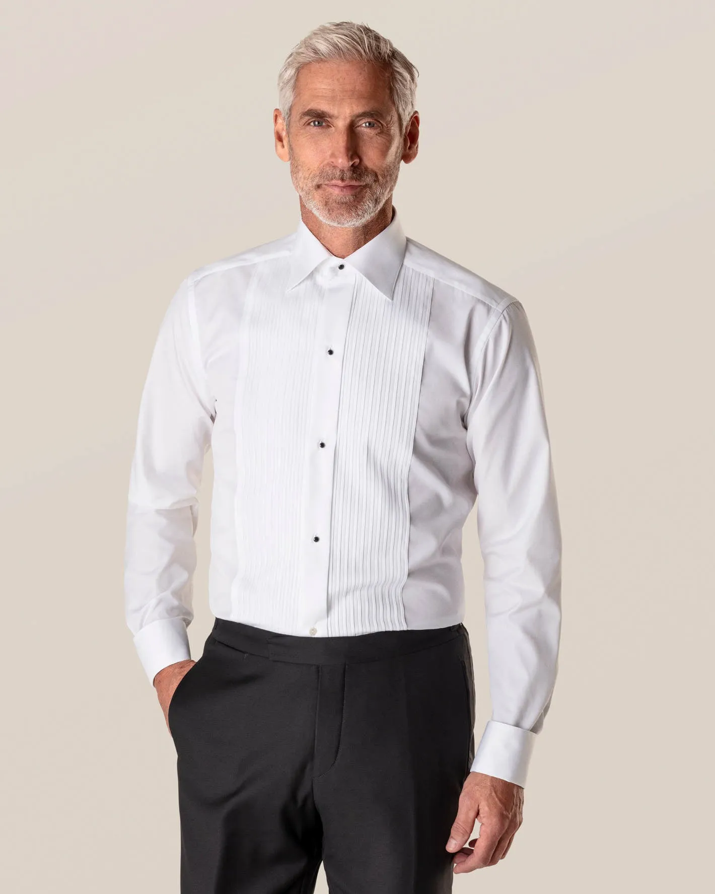 White Plissé Tuxedo Shirt- Contemporary Fit