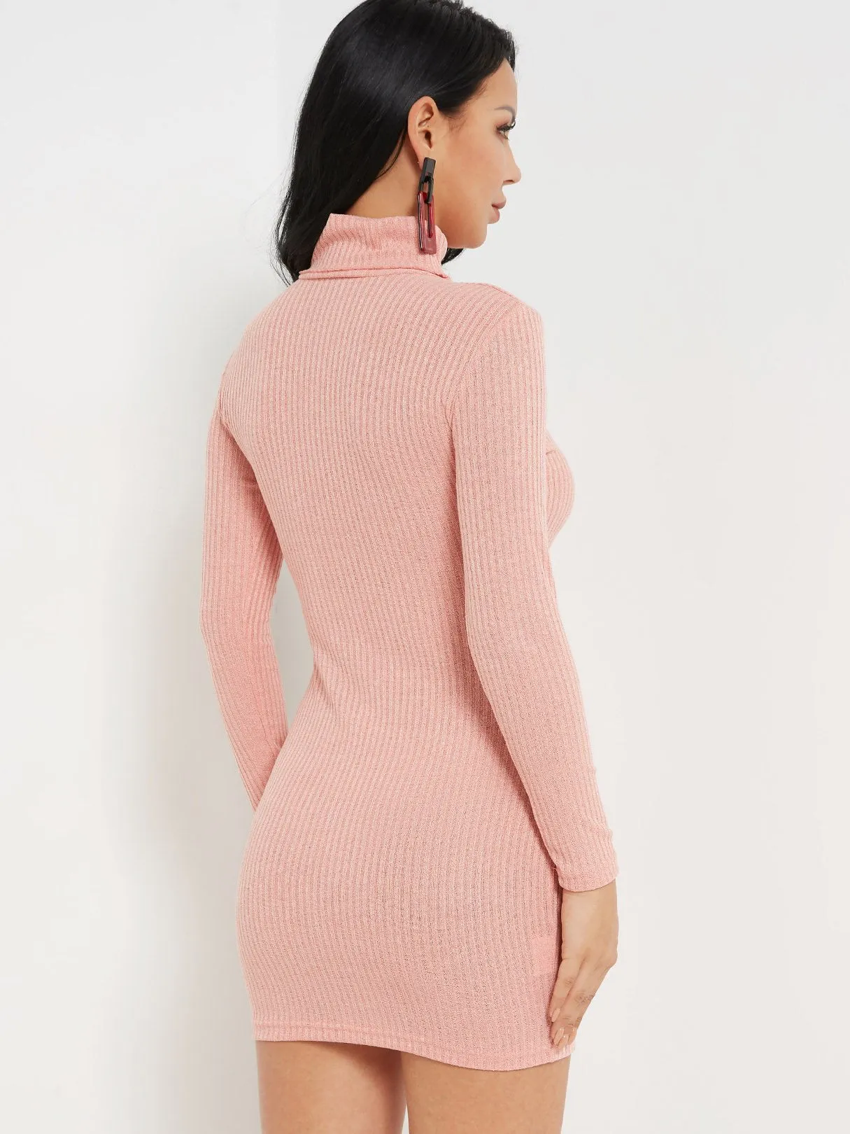 Wholesale High Neck Plain Long Sleeve Bodycon Hem Pink Dress