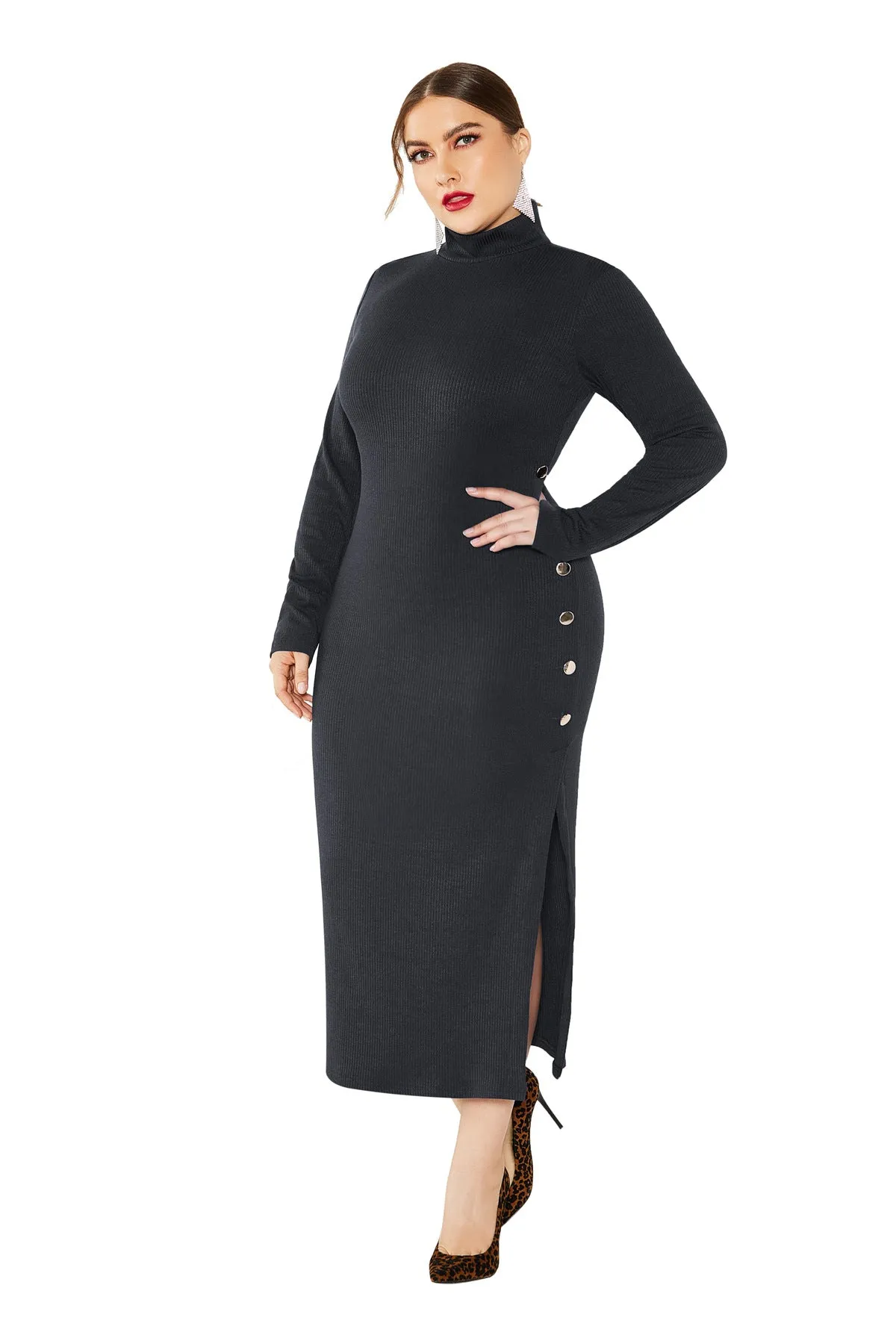 Women Dress Wholesale Solid Color Side Split Wool Dress Slim Fit Knitted Dress