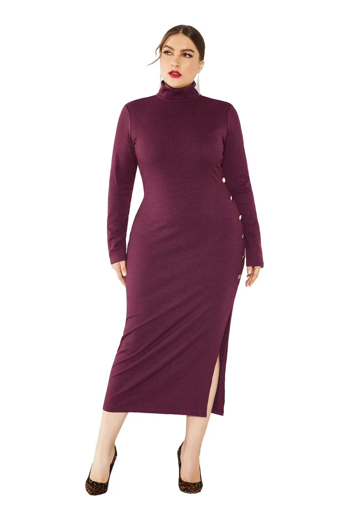 Women Dress Wholesale Solid Color Side Split Wool Dress Slim Fit Knitted Dress