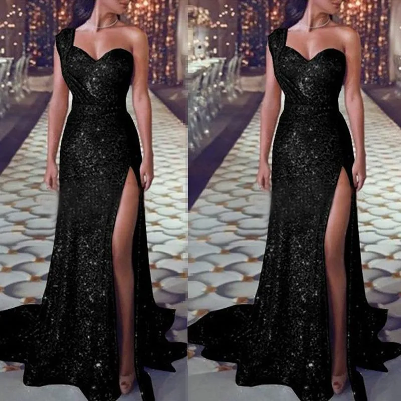 Women maxi sequin one shoulder slit sexy evening party dresses