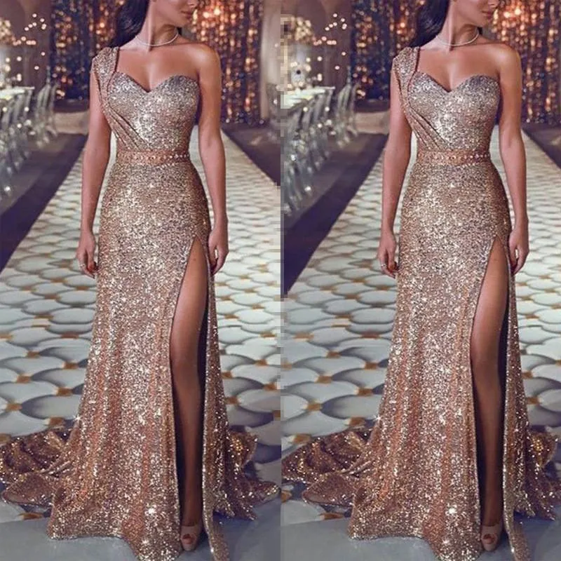 Women maxi sequin one shoulder slit sexy evening party dresses