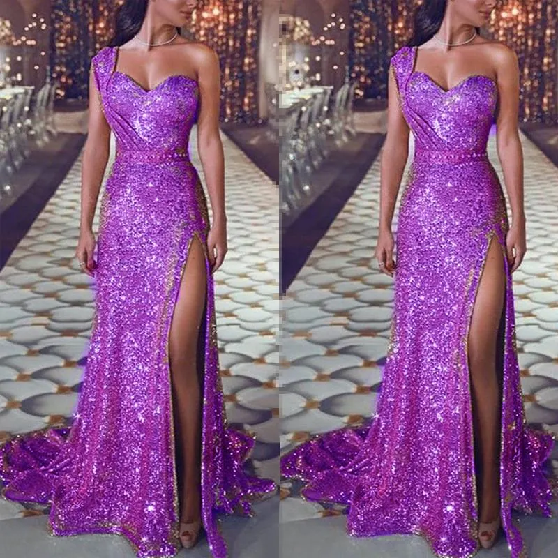 Women maxi sequin one shoulder slit sexy evening party dresses