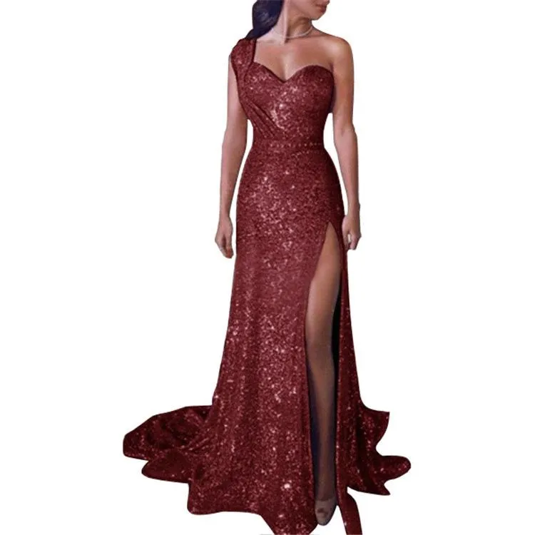 Women maxi sequin one shoulder slit sexy evening party dresses