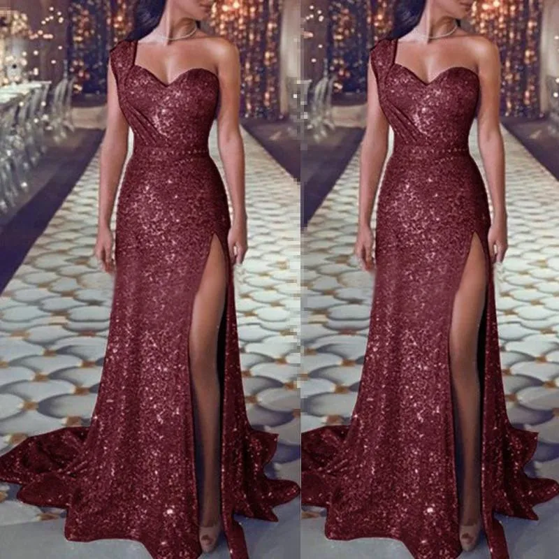 Women maxi sequin one shoulder slit sexy evening party dresses