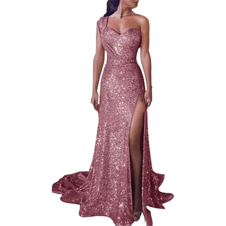 Women maxi sequin one shoulder slit sexy evening party dresses