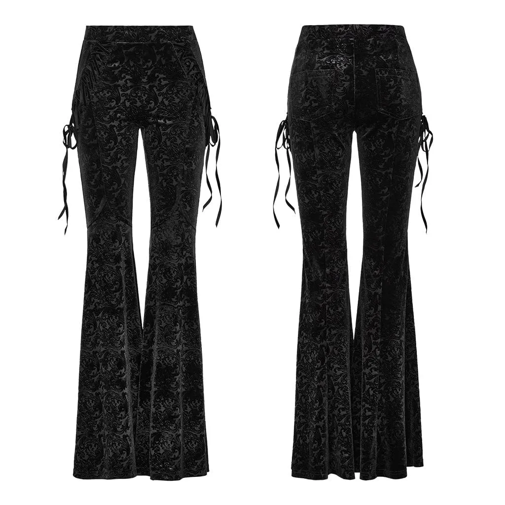 Women's Gothic Lace-up Velvet Flared Pants Black