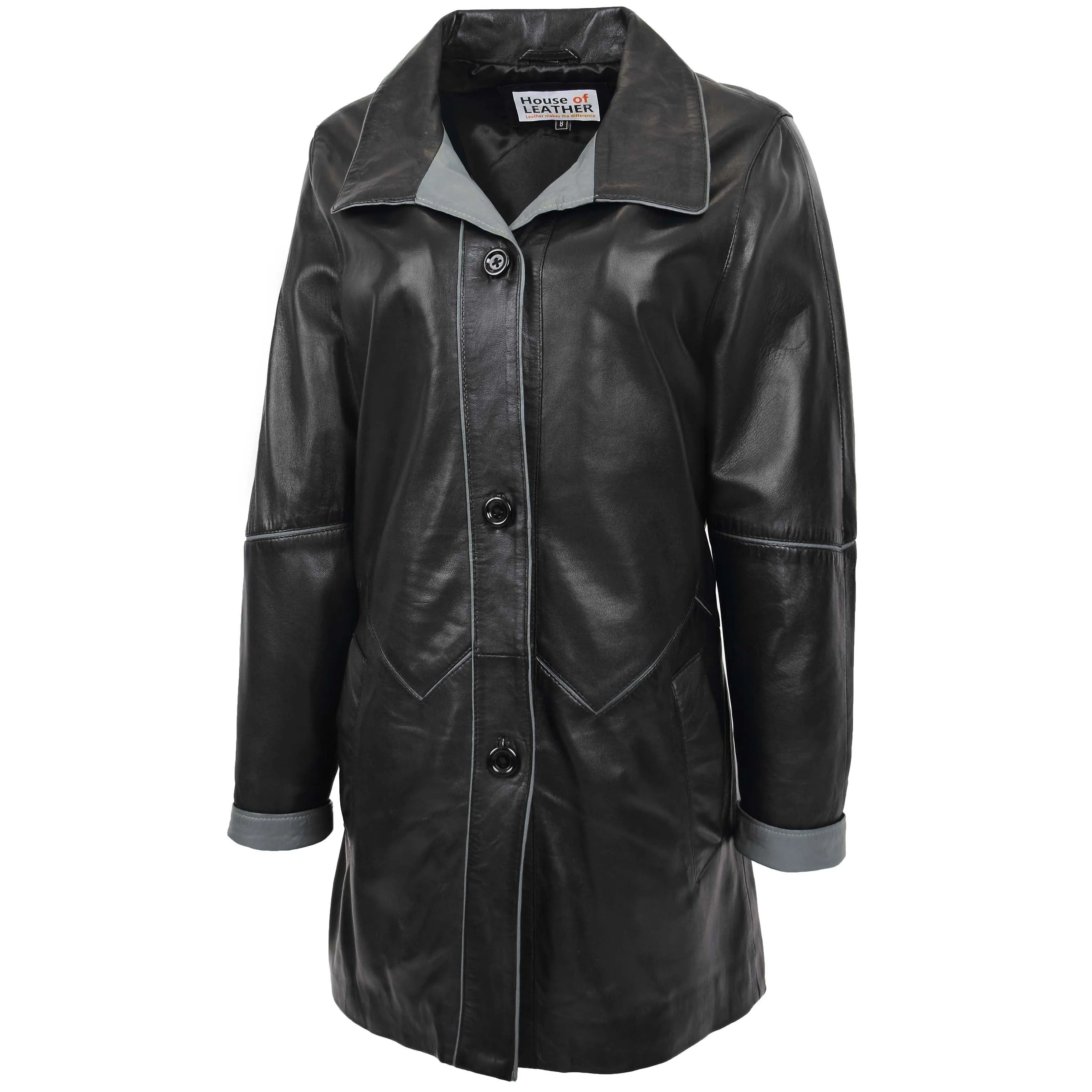 Womens Leather Coat 3/4 Length Classic Style Margaret Black Grey