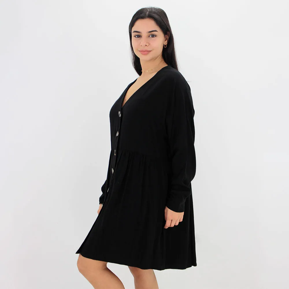 Women's Plain Solid Button Flare Dress,Black